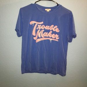 Forever 21 blue short sleeve shirt with pink text